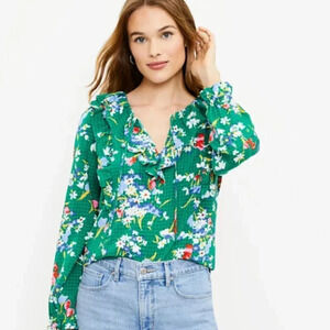 NEW Loft Bouquet Floral Ruffle Tie Neck Top Size Petite Small